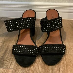 Lucky Brand Faux Suede double Strap Studded Block Heel Women Size 8 Shoes Sandal